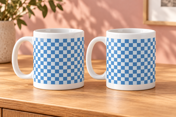 Blue Gingham Ceramic Mugs – Set of 2
