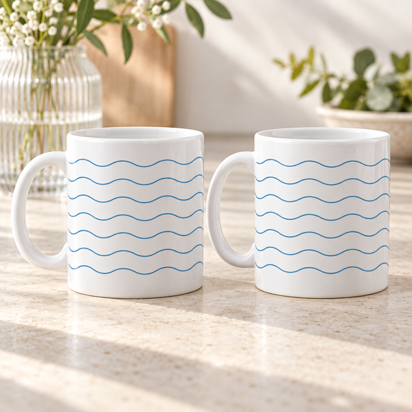 Blue Wave Lines Ceramic Mugs – Set of 2 with matching printed designs, white ceramic borders and both handles on the left