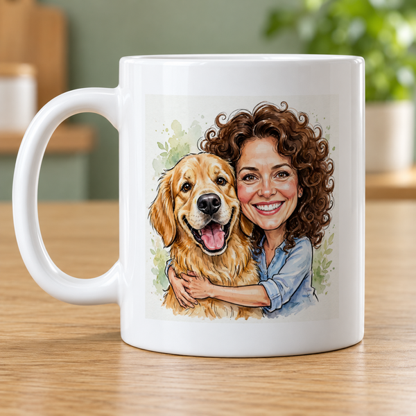Personalised caricature photo mug with a playful portrait of a woman and golden retriever.