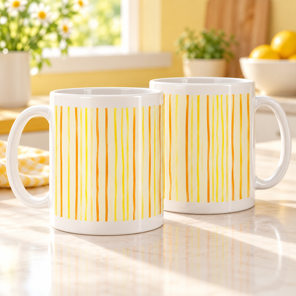Two white ceramic mugs with fine yellow and orange pencil stripes