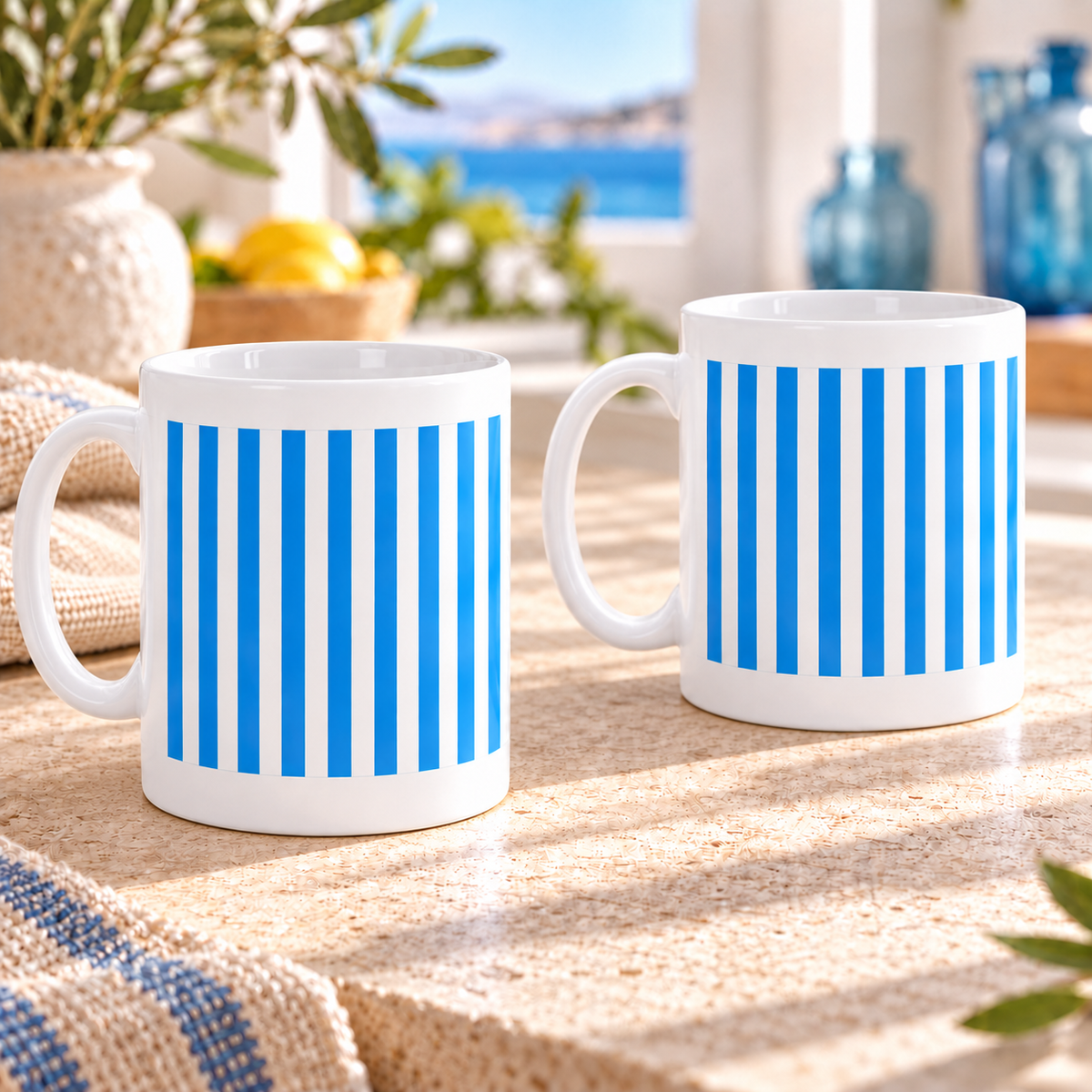 Coastal Blue Stripes Ceramic Mugs – Set of 2 with both handles on the left and clear white ceramic borders