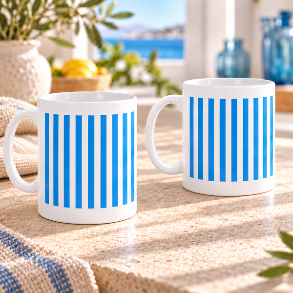 Coastal Blue Stripes Ceramic Mugs – Set of 2 with both handles on the left and clear white ceramic borders