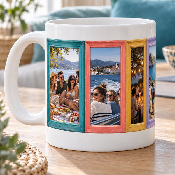 Colour Pop Frames Photo Mug with distinct example photos wrapping around white ceramic, clear top and bottom margins and left-facing handle