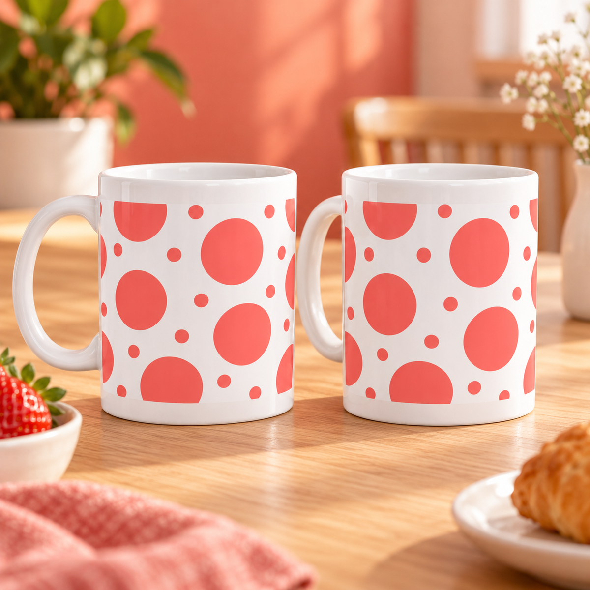 Coral Big and Little Dots Ceramic Mugs – Set of 2 with matching wraparound patterns, white ceramic borders and both handles on the left