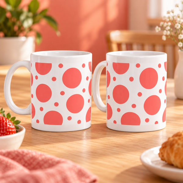 Coral Big and Little Dots Ceramic Mugs – Set of 2 with matching wraparound patterns, white ceramic borders and both handles on the left