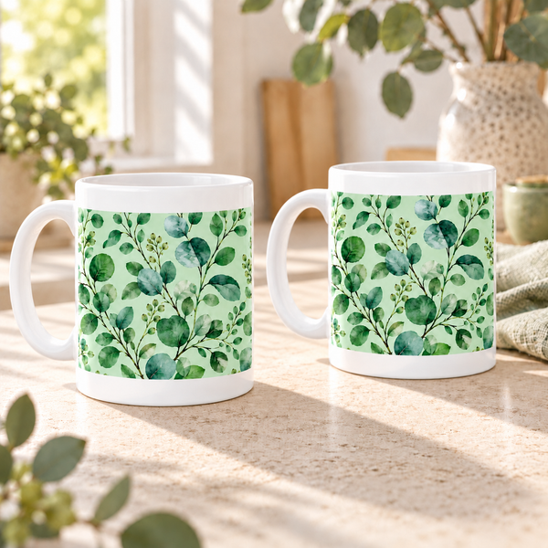 Eucalyptus Sprigs Ceramic Mugs – Set of 2 with both handles on the left and clear white ceramic borders