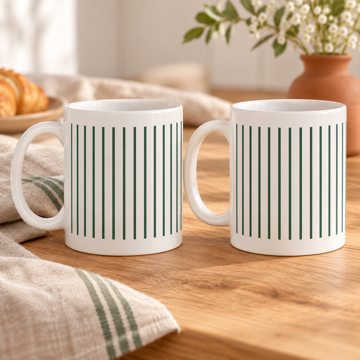 Forest Green Stripes Ceramic Mugs – Set of 2 with matching printed designs, white ceramic borders and both handles on the left
