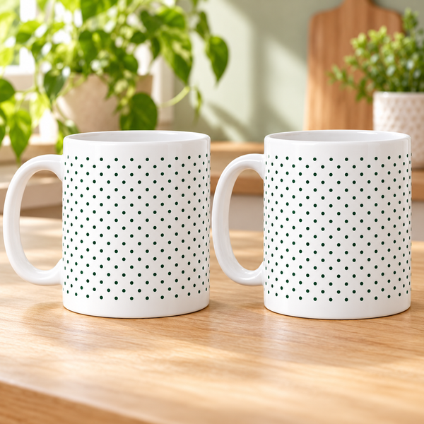 Forest Tiny Dot Rows Ceramic Mugs – Set of 2 with matching wraparound patterns, white ceramic borders and both handles on the left