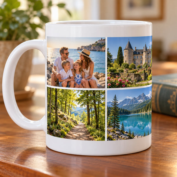 Four Photo Grid Mug with distinct example photos wrapping around white ceramic, clear top and bottom margins and left-facing handle