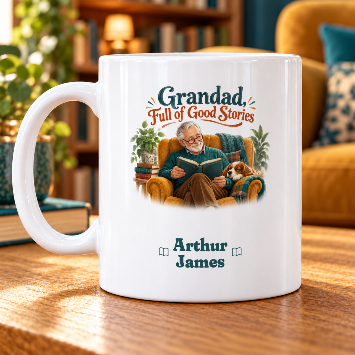 Grandad, Full of Good Stories – Personalised Mug — example Arthur / James