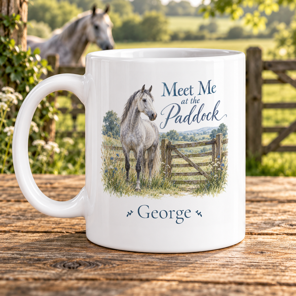 Grey horse at the paddock gate — example personalised with George