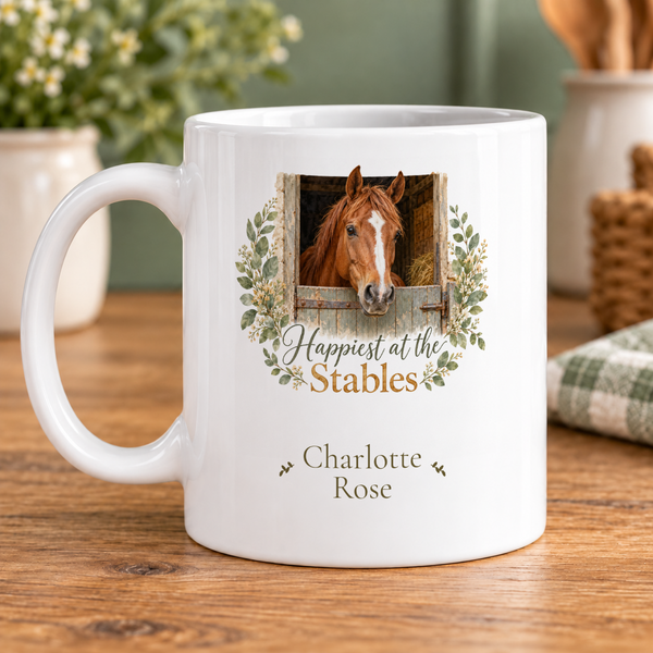 Chestnut horse over a stable door — example personalised with Charlotte / Rose
