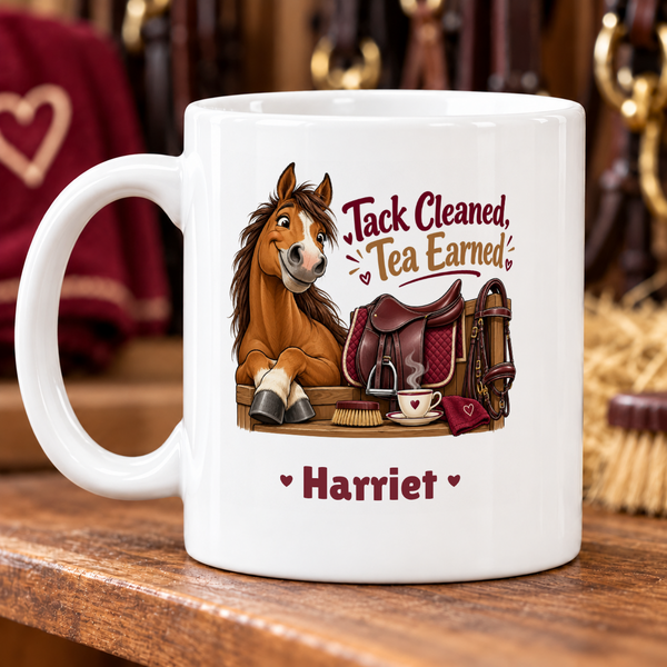 Smiling Horse, Saddle, and Tea — example personalised with Harriet