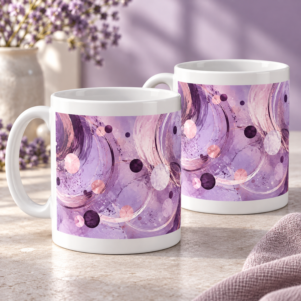 Lavender Cosmos Abstract Ceramic Mugs – Set of 2