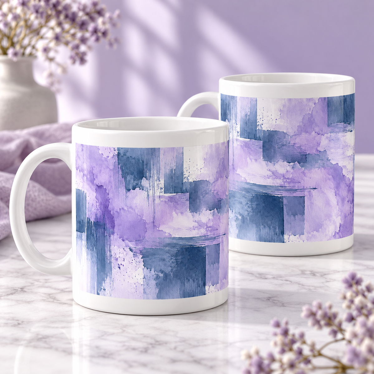 Lavender Wash Abstract Ceramic Mugs – Set of 2