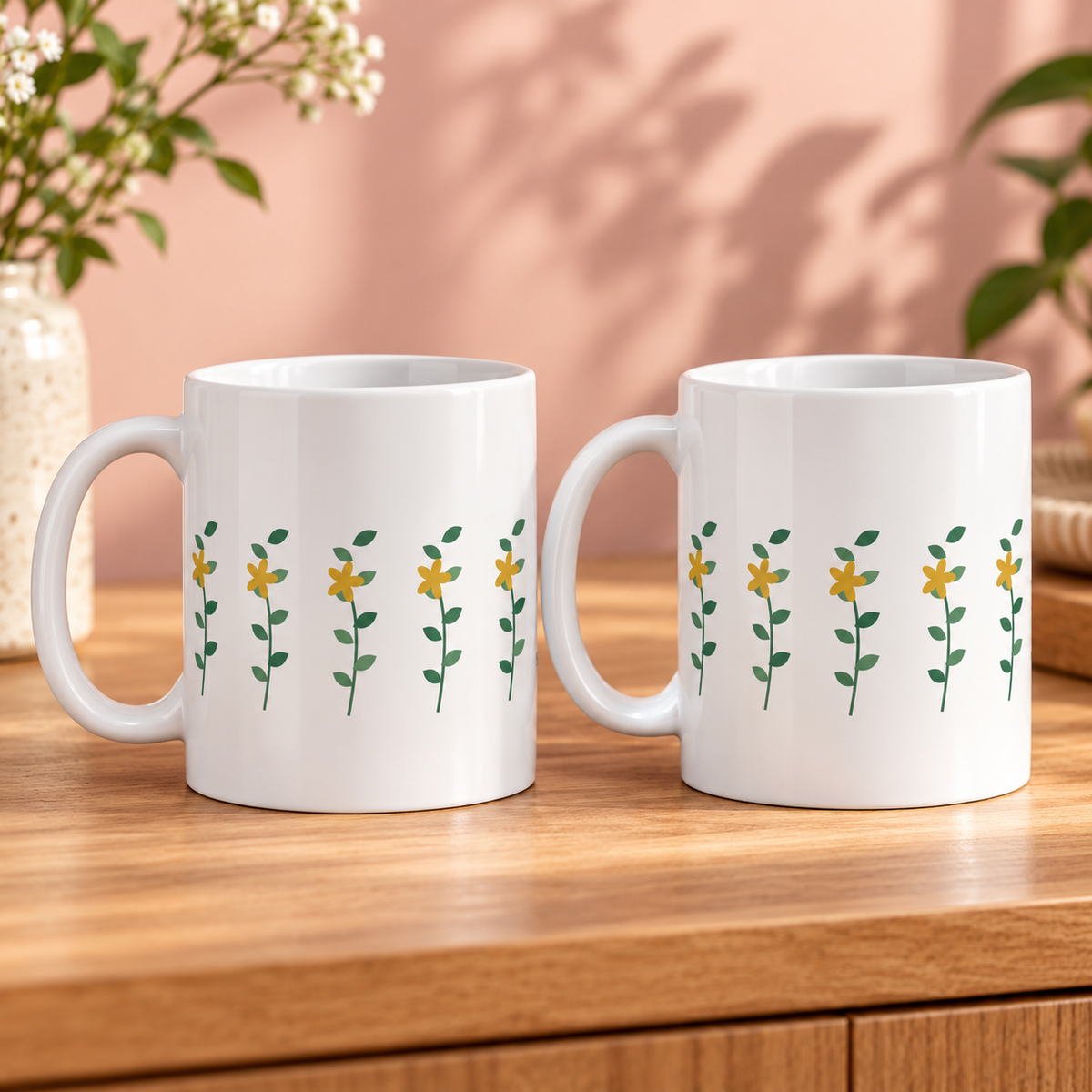 Marigold Border Ceramic Mugs – Set of 2