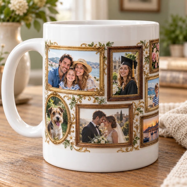 Memory Wall Photo Mug with distinct example photos wrapping around white ceramic, clear top and bottom margins and left-facing handle