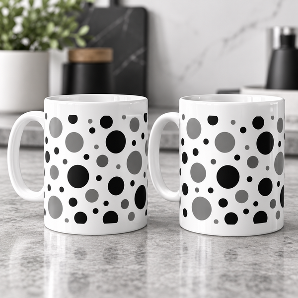 Monochrome Floating Spots Ceramic Mugs – Set of 2 with matching wraparound patterns, white ceramic borders and both handles on the left