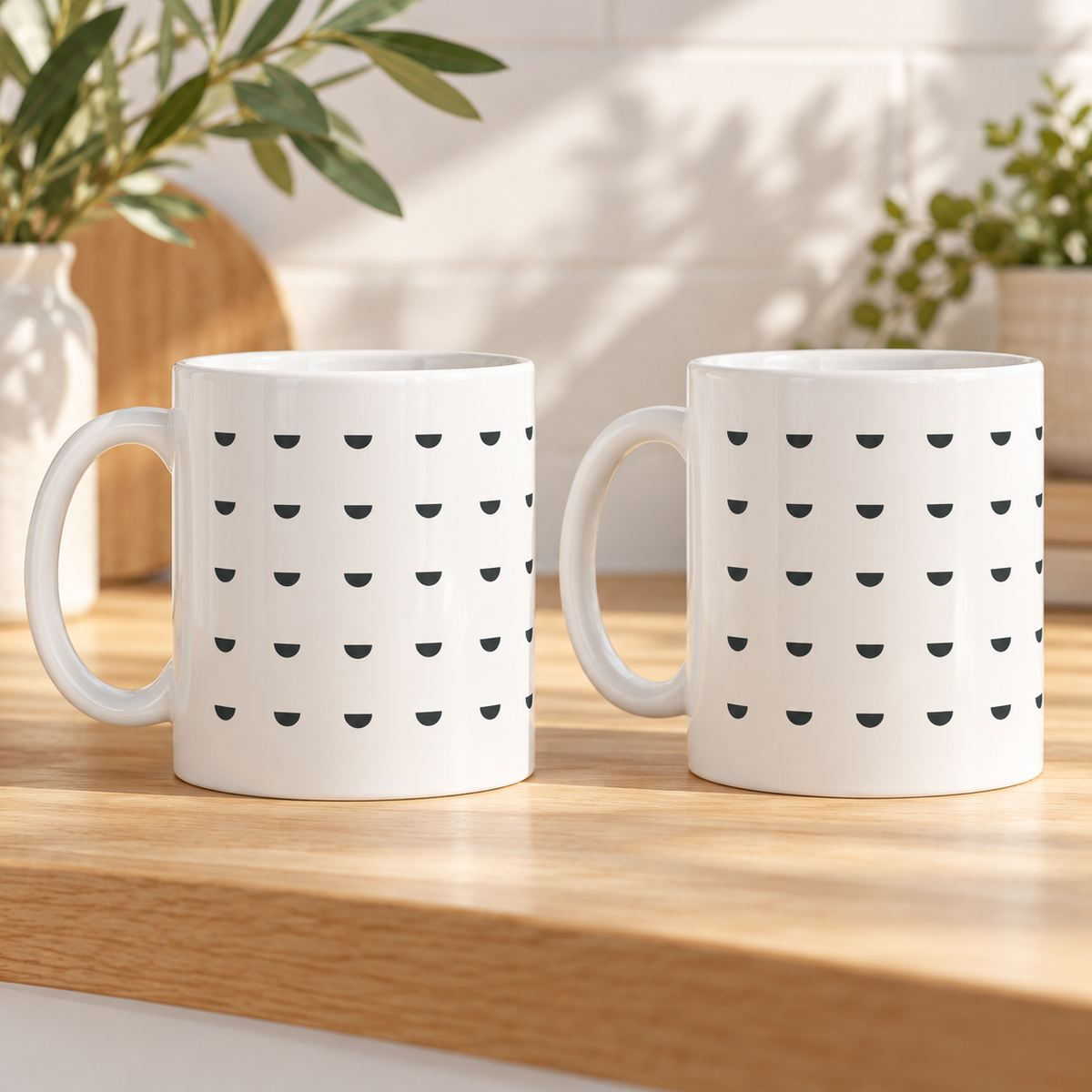 Monochrome Half Moons Ceramic Mugs – Set of 2 with matching printed designs, white ceramic borders and both handles on the left