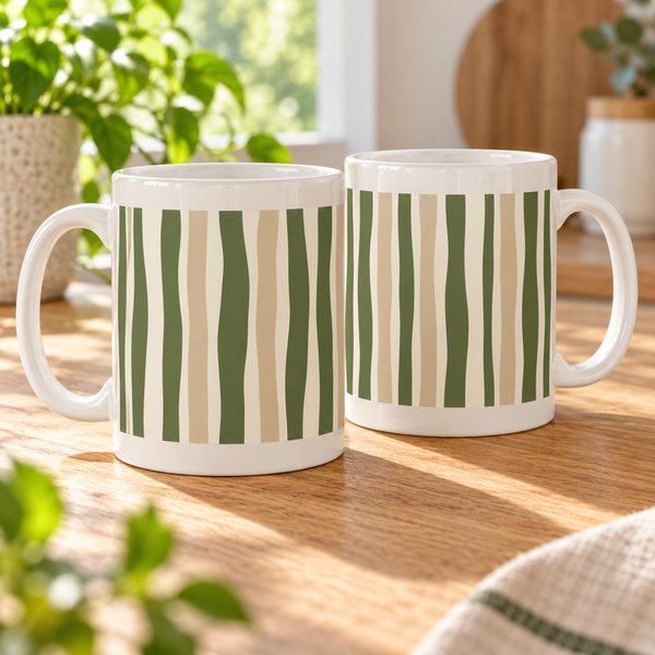 Two white ceramic mugs with uneven moss-green and sand-coloured stripes