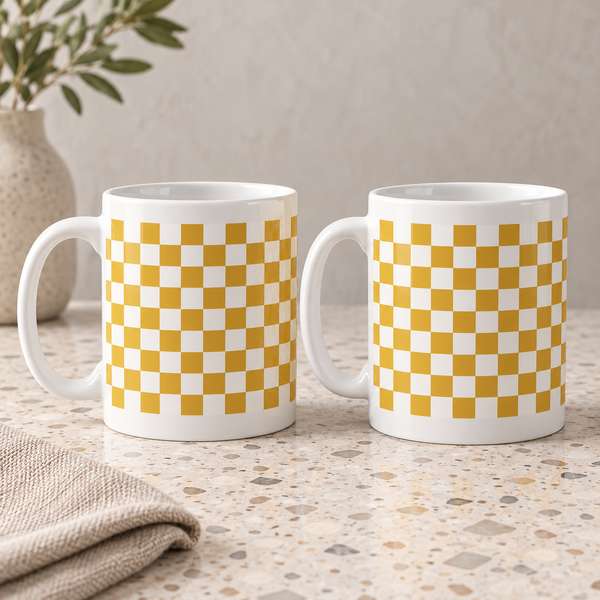 Mustard Checkerboard Ceramic Mugs – Set of 2 with matching printed designs, white ceramic borders and both handles on the left