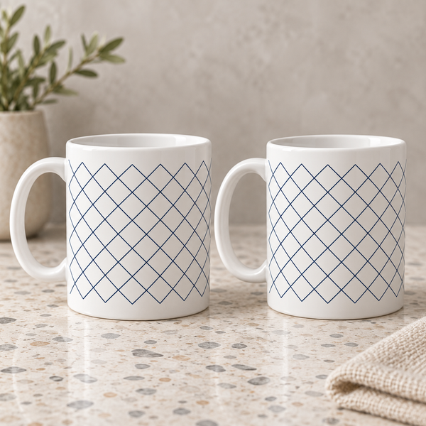Navy Diamond Grid Ceramic Mugs – Set of 2 with matching printed designs, white ceramic borders and both handles on the left