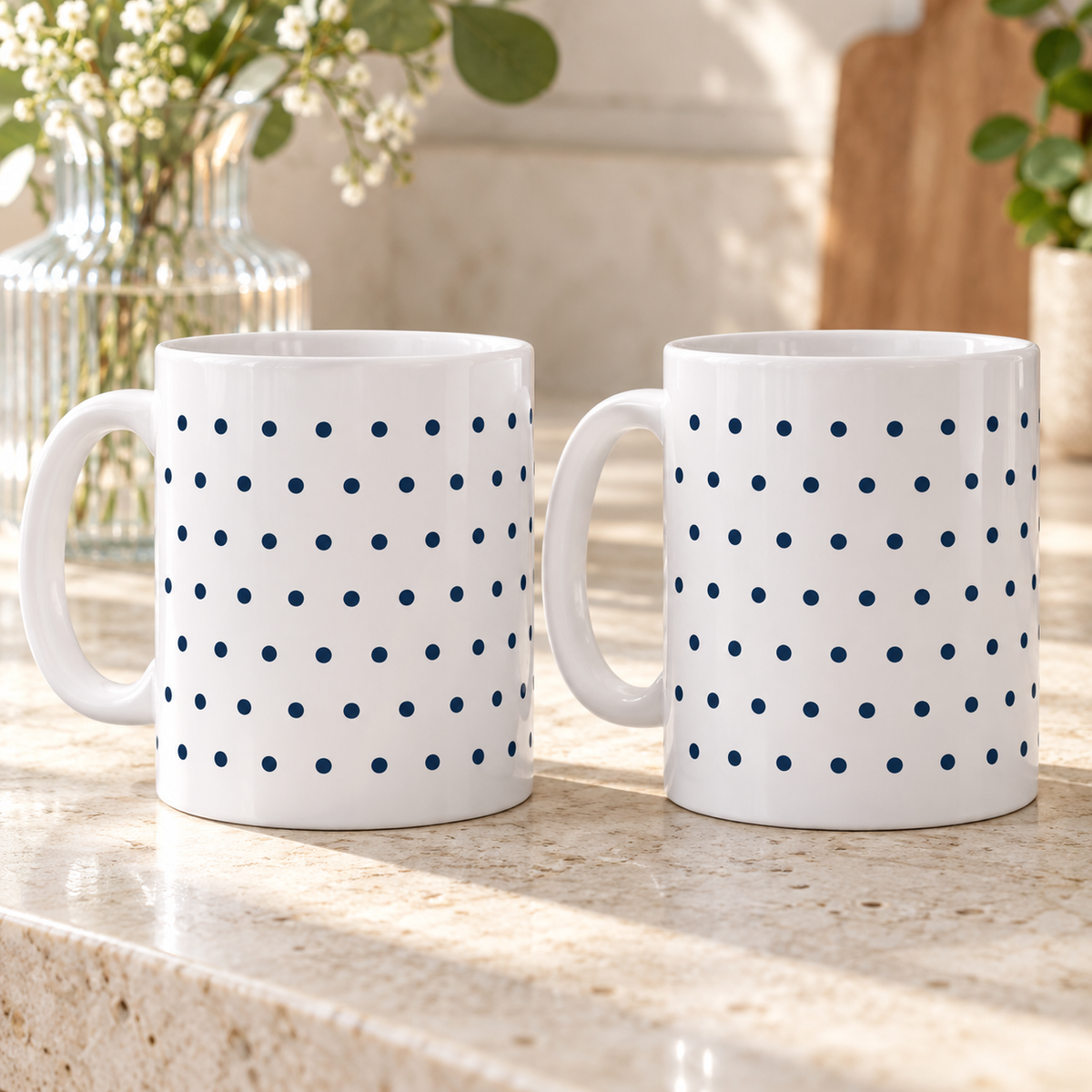 Navy Polka Dots Ceramic Mugs – Set of 2 with a white ceramic background and both handles on the left