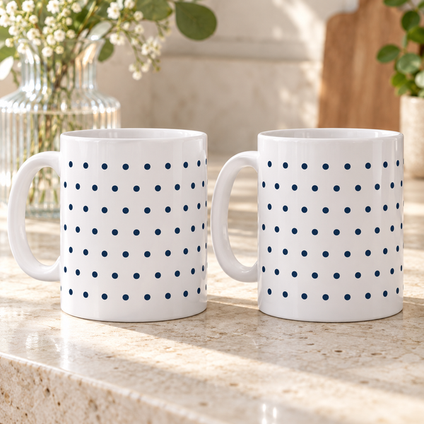 Navy Polka Dots Ceramic Mugs – Set of 2 with a white ceramic background and both handles on the left