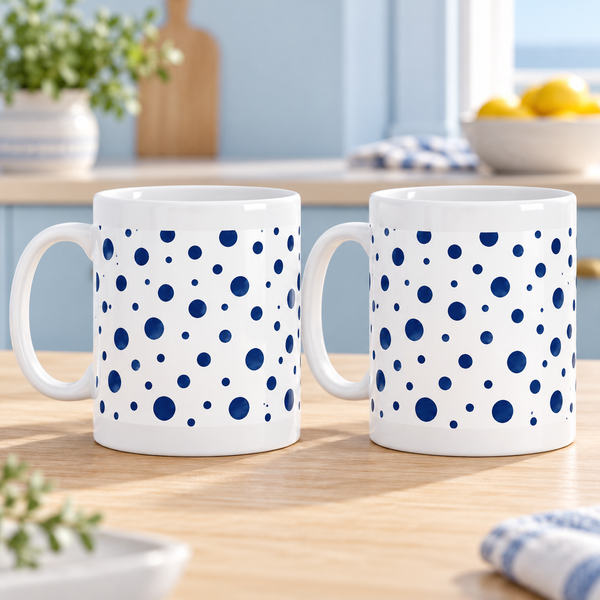 Ocean Ink Dot Scatter Ceramic Mugs – Set of 2 with matching wraparound patterns, white ceramic borders and both handles on the left