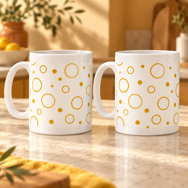 Ochre Halo Dots Ceramic Mugs – Set of 2 with matching wraparound patterns, white ceramic borders and both handles on the left