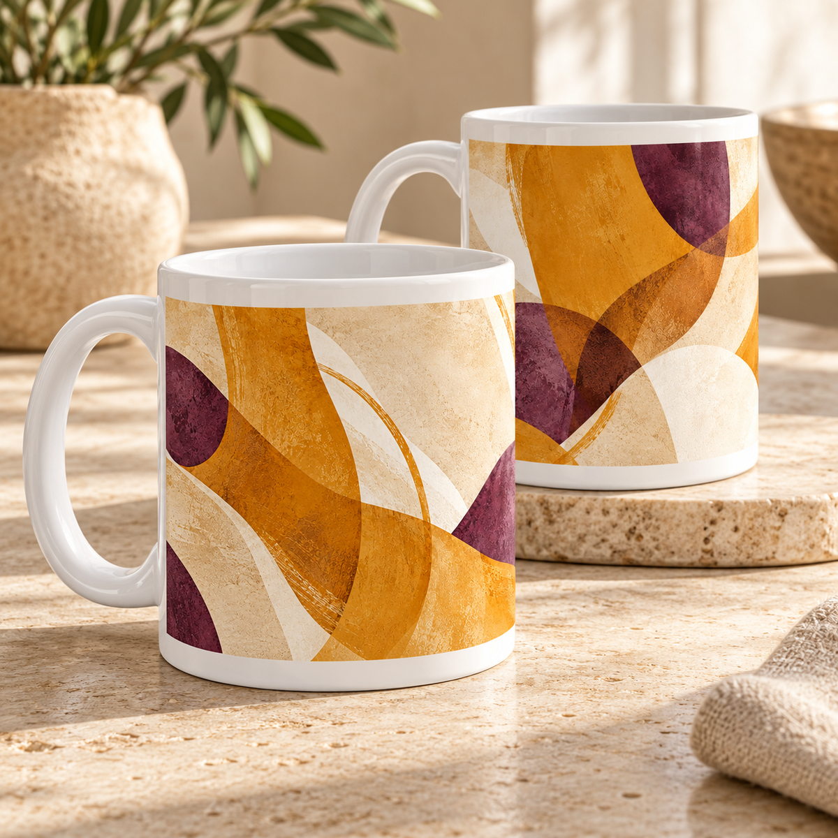 Ochre Overlap Abstract Ceramic Mugs – Set of 2