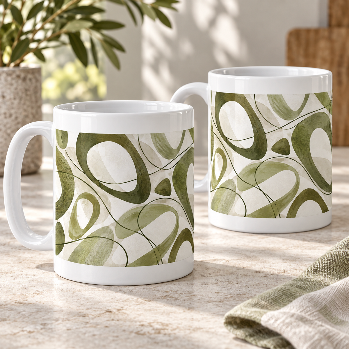Olive Outline Abstract Ceramic Mugs – Set of 2