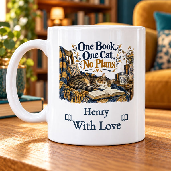 One Book, One Cat, No Plans – Personalised Mug