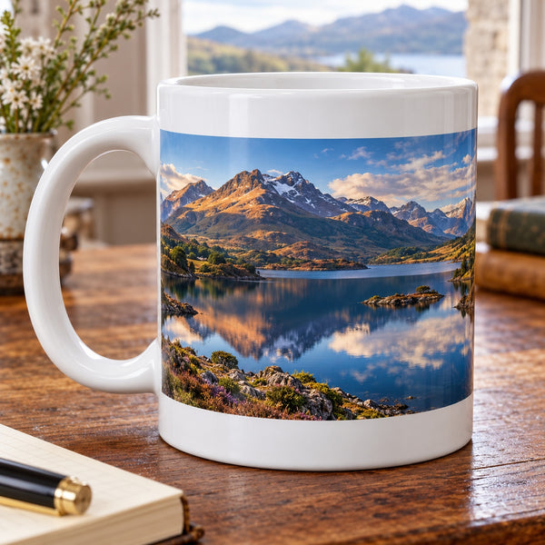 Panoramic Photo Mug: white ceramic mug with one continuous panoramic photograph of dramatic sunlit Scottish mountains reflected in a deep blue lake, crisp water and mountain detail, a left-facing handle and clear white space above and below the print
