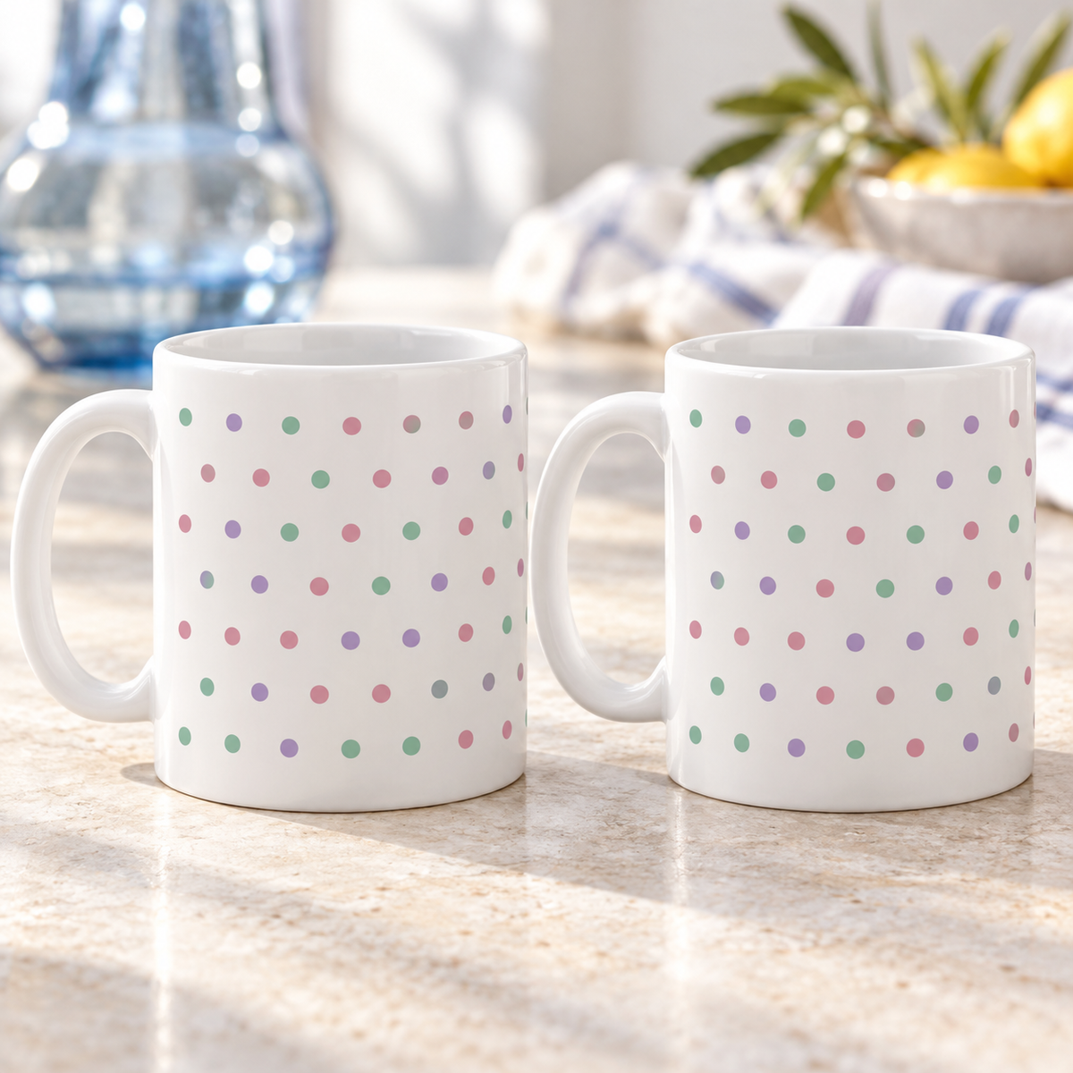 Pastel Confetti Dots Ceramic Mugs – Set of 2 with a white ceramic background and both handles on the left