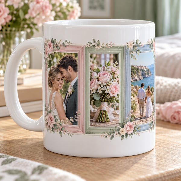 Pastel Picture Frames Photo Mug: white ceramic mug with three portrait picture frames wrapping around the mug, one dusty-pink, one sage-green and one powder-blue, with different sharp romantic photographs of a fictional couple at a wedding, a bouquet of pink flowers, a couple on a coastal stroll. The frames have tasteful broad bevelled PRINTED borders and clean white separation, a left-facing handle and clear white space above and below the print
