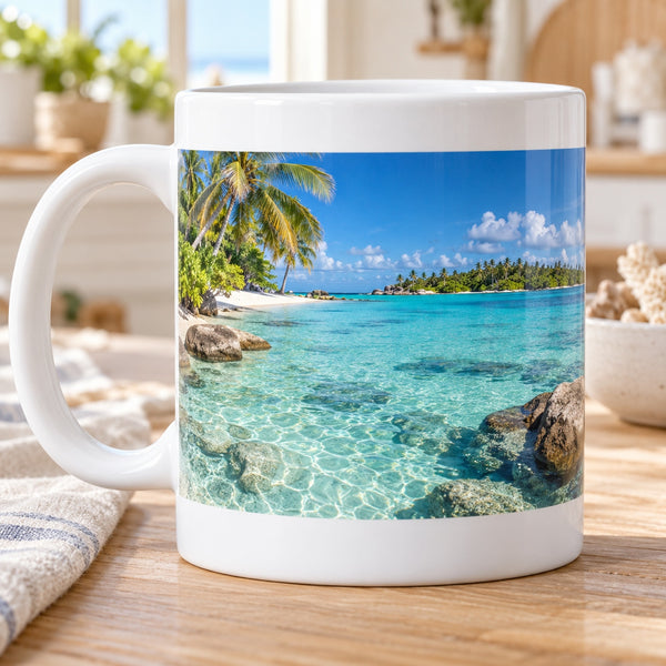 Your Photo Mug: white ceramic mug with one continuous border-free panoramic photograph of a turquoise tropical lagoon with distant palm-fringed island, a left-facing handle and clear white space above and below the print