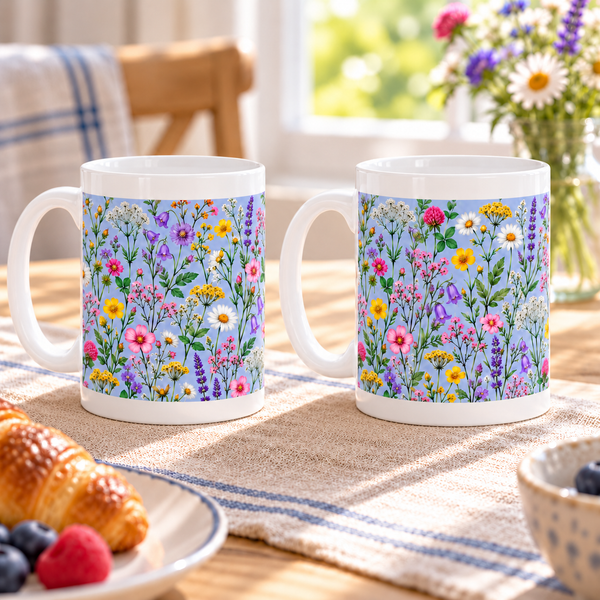 Pressed Meadow Flowers Ceramic Mugs – Set of 2 with both handles on the left and clear white ceramic borders