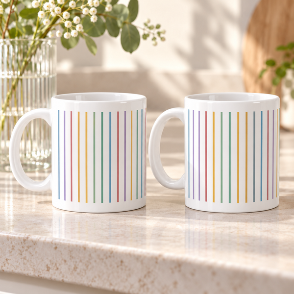 Rainbow Pencil Stripes Ceramic Mugs – Set of 2 with matching printed designs, white ceramic borders and both handles on the left