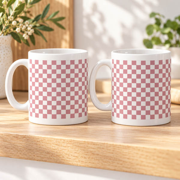 Rose Gingham Ceramic Mugs – Set of 2