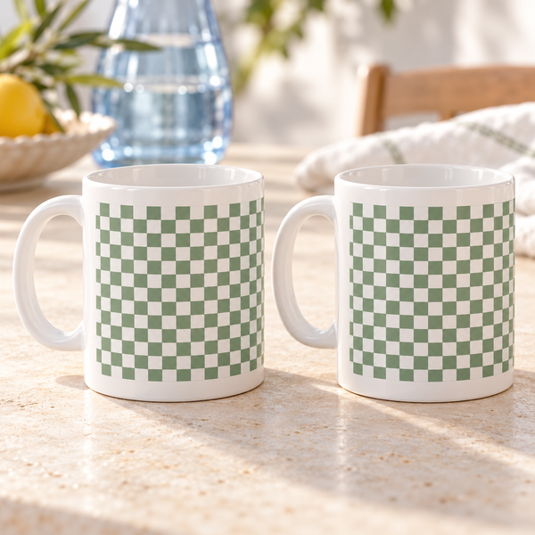 Sage Gingham Ceramic Mugs – Set of 2