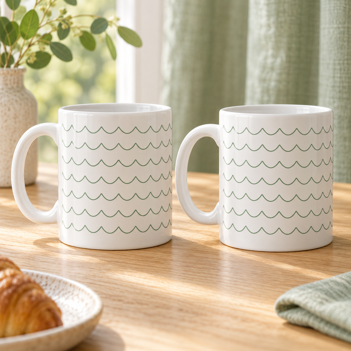 Sage Scallops Ceramic Mugs – Set of 2 with matching printed designs, white ceramic borders and both handles on the left