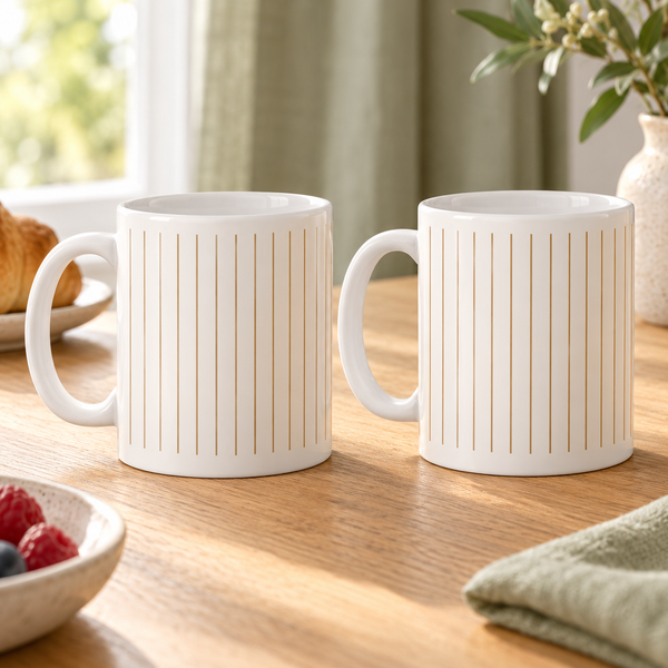 Sandstone Pinstripes Ceramic Mugs – Set of 2 with matching printed designs, white ceramic borders and both handles on the left