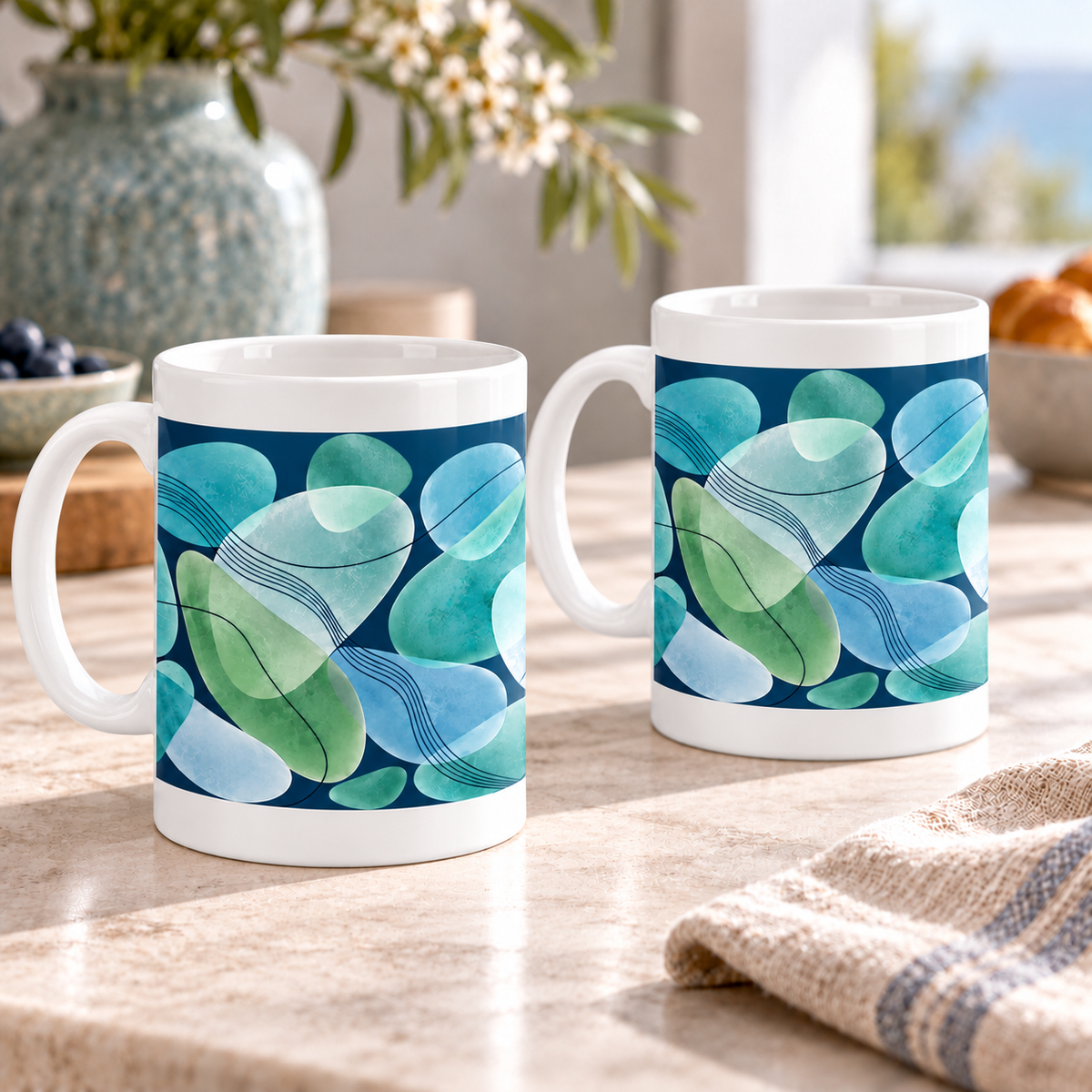 Sea Glass Abstract Ceramic Mugs – Set of 2 with both handles on the left and clear white ceramic borders
