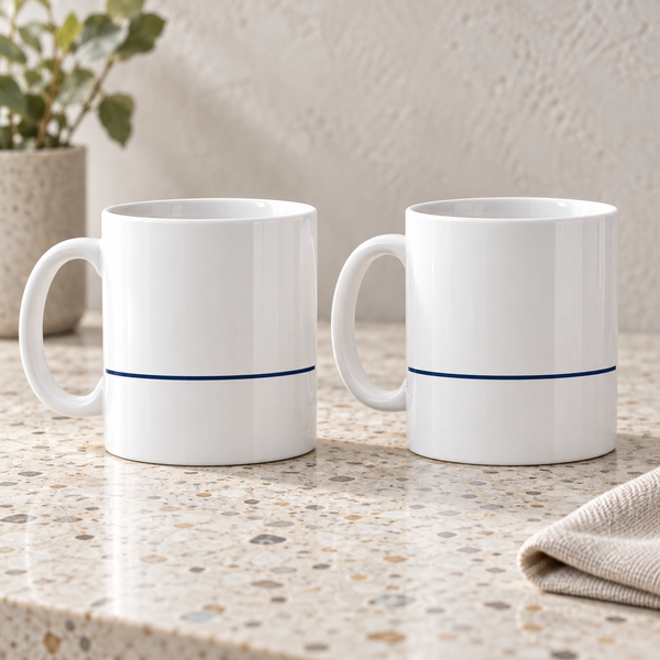 Single Navy Line Ceramic Mugs – Set of 2 with matching printed designs, white ceramic borders and both handles on the left