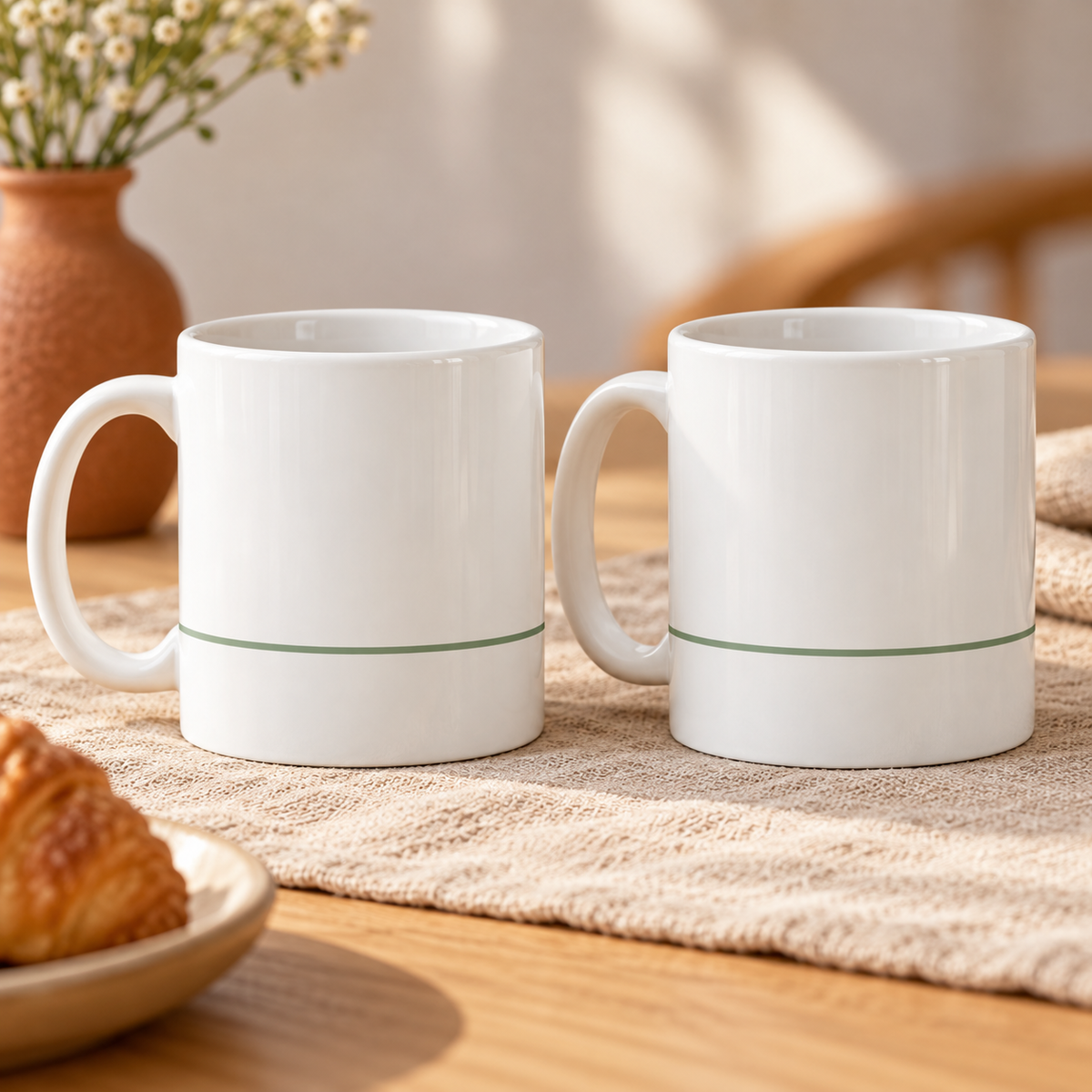 Single Sage Line Ceramic Mugs – Set of 2
