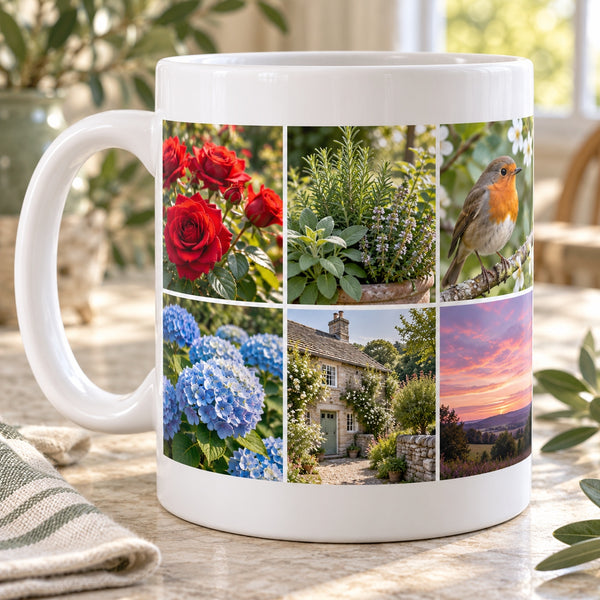 Six Photo Collage Mug: white ceramic mug with six distinct crisp photographs in a continuous three-column two-row wraparound collage: red roses, garden herbs, robin on branch, blue hydrangeas, stone cottage, pink evening sky; the front shows four of these photos with the others continuing naturally around the side; fine white gutters, a left-facing handle and clear white space above and below the print
