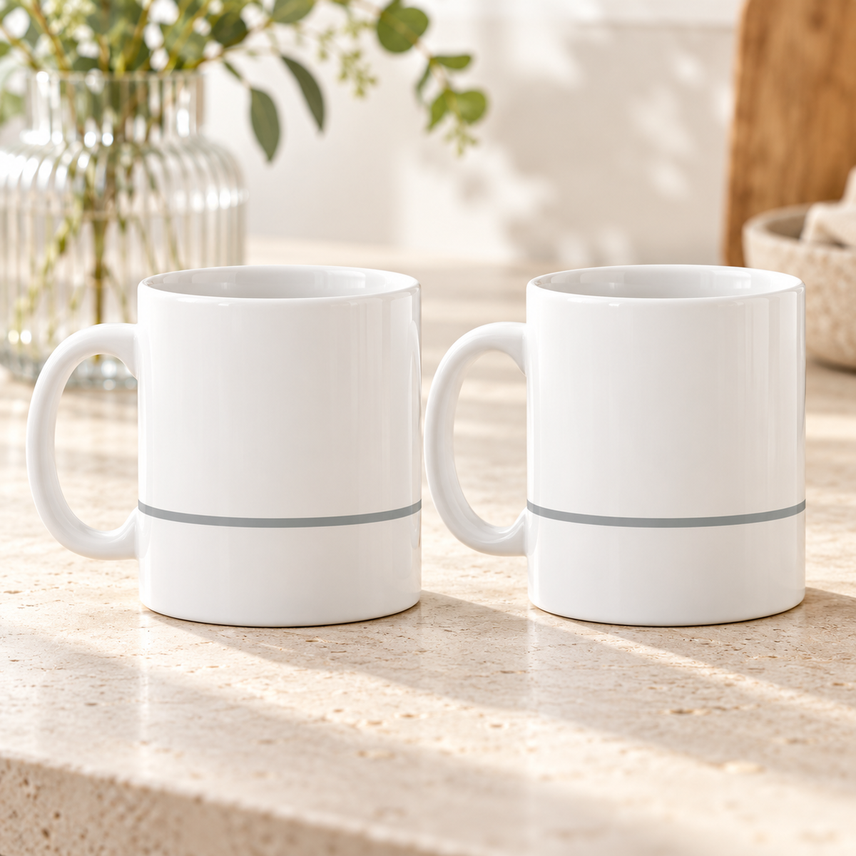 Soft Grey Horizon Ceramic Mugs – Set of 2 with matching printed designs, white ceramic borders and both handles on the left