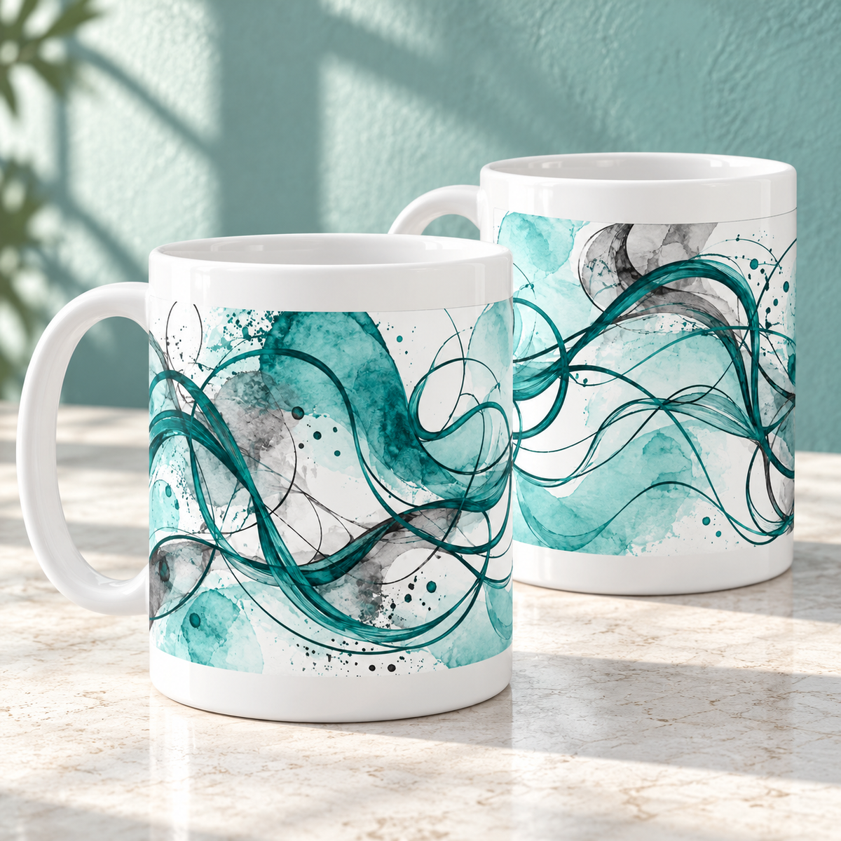Teal Tangle Abstract Ceramic Mugs – Set of 2