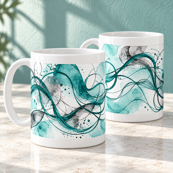 Teal Tangle Abstract Ceramic Mugs – Set of 2